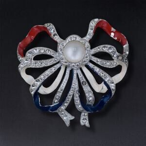 Vintage Pot Metal Enamel Bow Brooch Rhinestone Moonstone Pin Red White Blue